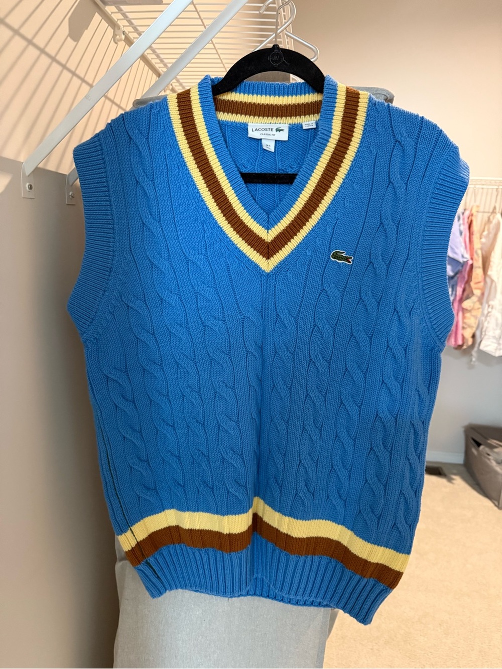 Lacoste Cable Knit Sweater Vest Blue Wool Blend V Neck Size L